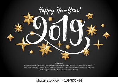 2019 hand written lettering with golden Christmas stars on a black background. Happy New Year card design. Vector illustration EPS 10 file.