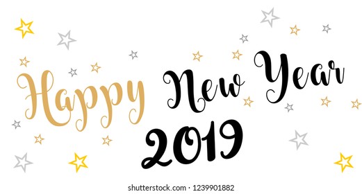 2019 hand written lettering with golden Christmas stars  Happy New Year card design. Vector illustration EPS 