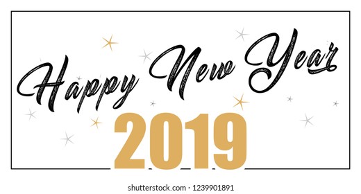 2019 hand written lettering with golden Christmas stars  Happy New Year card design. Vector illustration EPS 