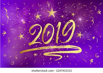 2019 hand written lettering with golden Christmas stars on purple violet background. Happy New Year card design. Vector illustration