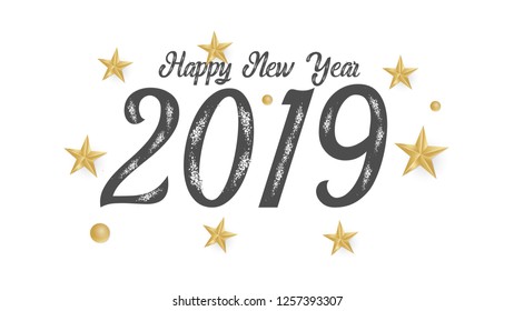2019 hand written lettering with golden Christmas stars on a black background. Happy New Year card design. Vector illustration EPS 10 file. - Vector