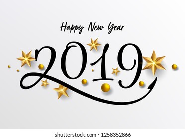 2019 hand written lettering with golden Christmas stars on a black background. Happy New Year card design. Vector illustration EPS 10 file. - Vector