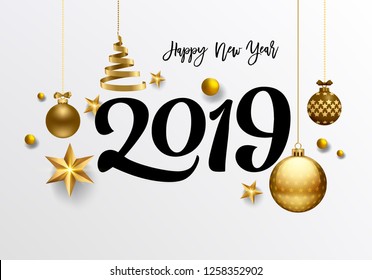 2019 hand written lettering with golden Christmas stars on a black background. Happy New Year card design. Vector illustration EPS 10 file. - Vector