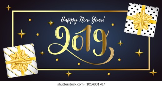 2019 hand written lettering.
Happy New Year greeting banner with top view gift boxes and stars. Vector illustration EPS 10 file