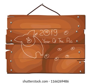 2019 hand written lettering on wooden plank background. Happy New Year(year of the pig) card design. Hand drawn Vector illustration.