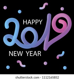 2019 Handwritten inscription with continuous line and gradient texture. Minimalistic vector template Happy New Year.