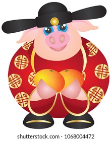 2019 Happy Chinese Lunar New Year of the Pig Prosperity Money God Holding Mandarin Oranges vector Illustration Isolated on White Background