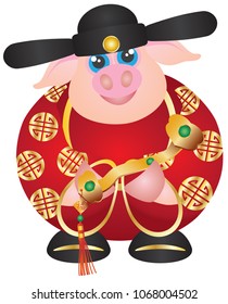2019 Happy Chinese Lunar New Year of the Pig Prosperity Money God Holding Ruyi Scepter with Prosperity Text vector Illustration on White Background