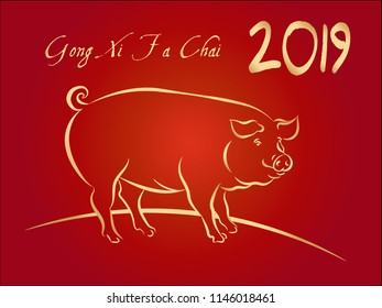 2019 Happy Chinese New Year greeting card, banner, poster, flyer or invitation with line gold pig zodiac sign and translation GONG XI FA CAI (Wish you prosperity in the new year) on red gradient backg