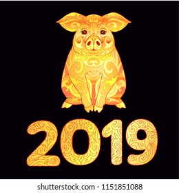 2019 Happy Chinese New Year. Lunar New Year of Pig. Ornamental pig isolated on black background.