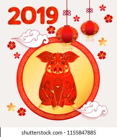 2019 Happy Chinese New Year. Lunar New Year of Pig. Banner and card paper background.