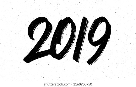 2019 Happy Chinese New Year of the Pig. Greeting card design with hand drawn calligraphic lettering and vintage texture on background. Vector illustration