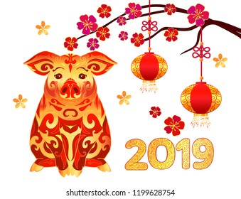 2019 Happy Chinese New Year. Lunar New Year of Pig. Background for congratulations and greeting card with decorative ornamented zodiac sign Pig and chinese lantern.