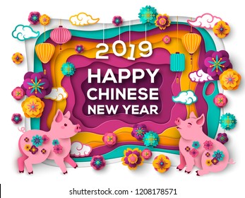 2019 Happy Chinese New Year Greeting Card with Paper cut Colorful Frame, Pigs and Oriental Flowers. Vector illustration.