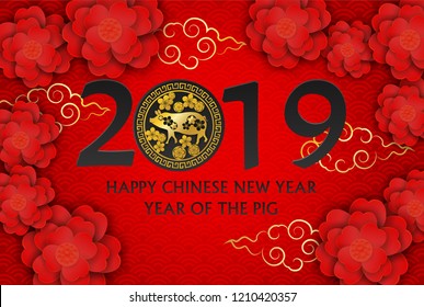 2019 Happy Chinese New Year. Design with flowers and pig  paper art style on red background. happy pig year. Vector.
