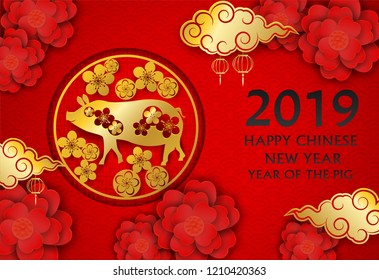 2019 Happy Chinese New Year. Design with flowers and pig  paper art style on red background. happy pig year. Vector.
