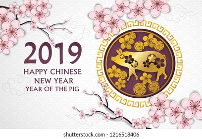 2019 Happy Chinese New Year. Design with flowers and pig  paper art style on white background. happy pig year. Vector.