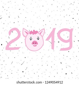 2019 Happy Chinese New Year Pig. Vector illustration with calligraphy.