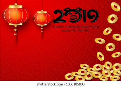 2019 Happy Chinese New Year. Design with gold coins and lantern on red background. happy pig year. Vector.