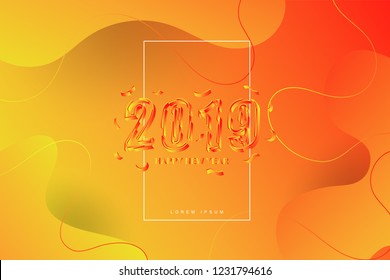2019, Happy new year. 3D look of 2019 new year background celebration. Fluid shape background. Trendy and modern ORANGE background color.
