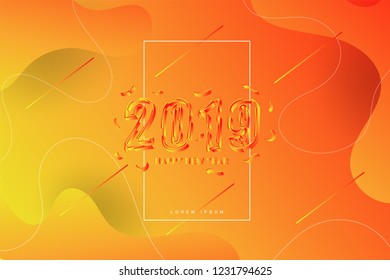 2019, Happy new year. 3D look of 2019 new year background celebration. Fluid shape background. Trendy and modern ORANGE background color.