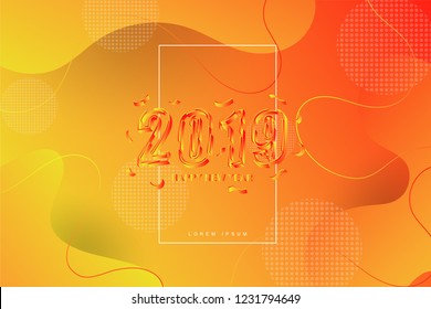 2019, Happy new year. 3D look of 2019 new year background celebration. Fluid shape background. Trendy and modern ORANGE background color.