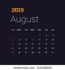2019 Happy New year August Calendar Template. Christmas Background