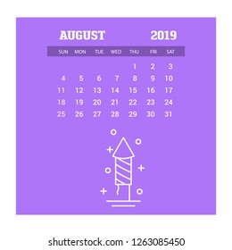 2019 Happy New year August Calendar Template. Christmas Background