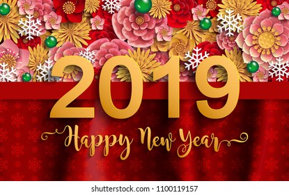 2019 Happy New Year Background beautiful  paper cut art and craft style on color Background.