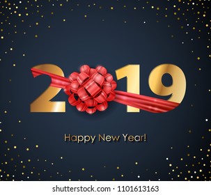 2019 Happy New Year background with red ribbon and bow. Christmas winter holidays design. Seasonal greeting card, calendar, poster, banner, brochure template.