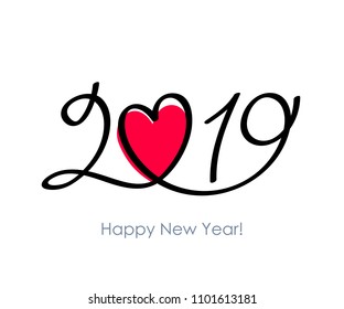 2019 Happy New Year background with heart. Christmas winter holidays design. Seasonal greeting card, calendar, poster, banner, brochure template.