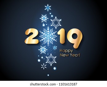 2019 Happy New Year background with diamond snowflakes. Christmas winter holidays design. Seasonal greeting card, calendar, poster, banner, brochure template.