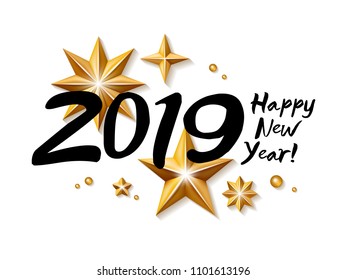 2019 Happy New Year background with golden stars. Christmas winter holidays design. Seasonal greeting card, calendar, brochure template.