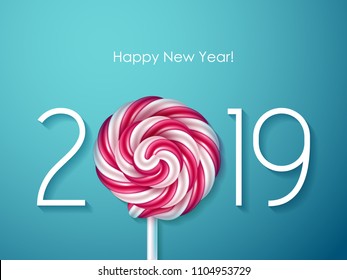 2019 Happy New Year background with spiral lollipop candy. Christmas winter holidays design. Seasonal greeting card, calendar, poster, banner, brochure template.