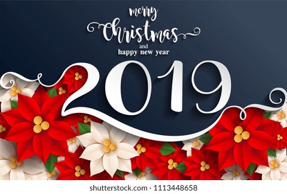 2019 Happy New Year Background beautiful flower paper cut art and craft style on color Background.