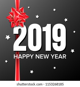 2019 Happy New Year Background Vector. Sign 2019. Bow. Greeting Card Design. Black, Red. Illustration