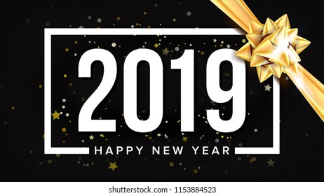 2019 Happy New Year Background Vector. Decoration Element. Beautiful Golden Gift Bow. Christmas. Illustration
