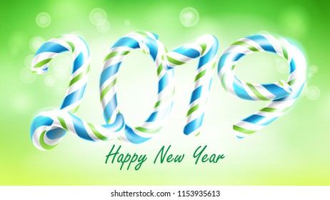 2019 Happy New Year Background Vector. Numbers 2019. Christmas Colours. Green. Classic Xmas 3D Candy Cane. New Year Poster, Greeting Card, Brochure, Flyer Template Design. Illustration
