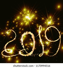 2019 Happy New Year background with number and golden glitter. Gold number 2019 and text happy new year, vector design template. Greeting card design on a black background