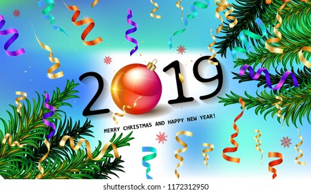 2019 happy New Year background, fir branches and confetti. Christmas greeting card or poster. Vector illustration.