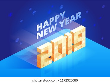 2019 Happy New Year Background for your Seasonal Flyers and Greetings Card or Christmas themed invitations. Isometic vector illustration