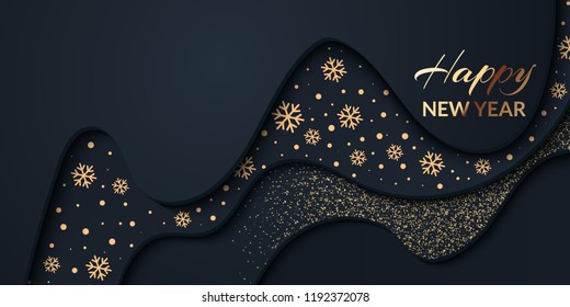2019 Happy New Year Background. Gold text design. Dark vector greeting illustration with golden numbers and snowflakes, lights