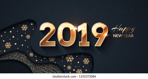 2019 Happy New Year Background. Gold text design. Dark vector greeting illustration with golden numbers and snowflakes, lights