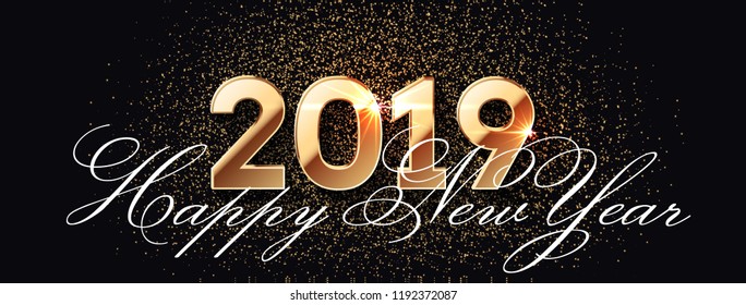 2019 Happy New Year Background. Gold text design. Dark vector greeting illustration with golden numbers and snowflakes, lights