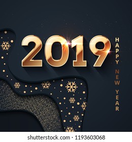 2019 Happy New Year Background. Gold text design. Dark vector greeting illustration with golden numbers and snowflakes, lights