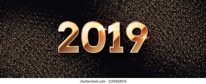 2019 Happy New Year Background. Gold text design. Dark vector greeting illustration with golden numbers and snowflakes, lights