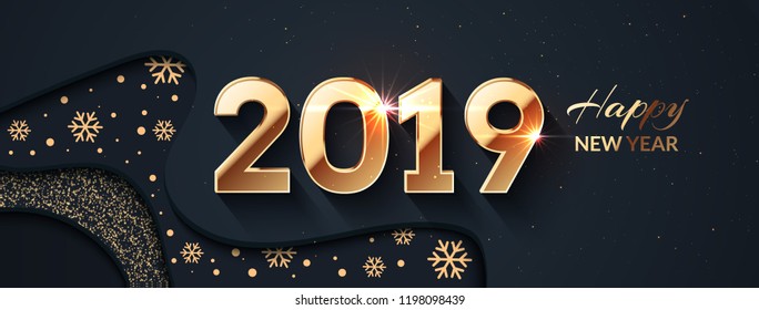 2019 Happy New Year Background. Gold text design. Dark vector greeting illustration with golden numbers and snowflakes, lights