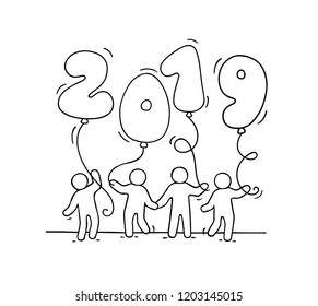 2019 Happy New Year background. Cartoon doodle illustration with liitle people holding balloons. Hand drawn vector illustration for celebration.