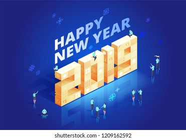 2019 Happy New Year Background for your Seasonal Flyers and Greetings Card or Christmas themed invitations. Isometic vector illustration