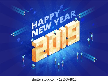2019 Happy New Year Background for your Seasonal Flyers and Greetings Card or Christmas themed invitations. Isometic vector illustration